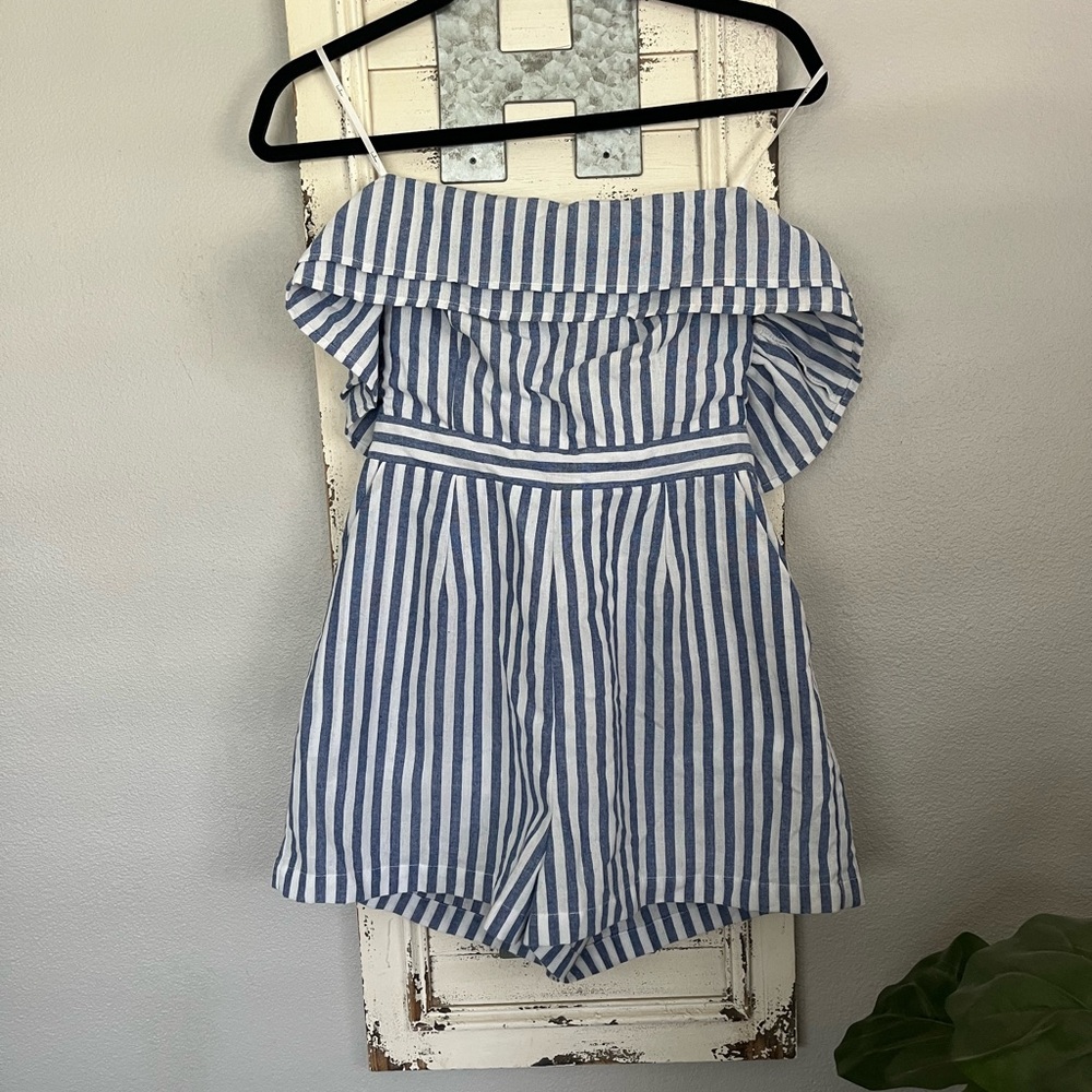 Lulus Nautical You Mine Blue and White Striped Off-Shoulder Romper - Picture 2 of 2